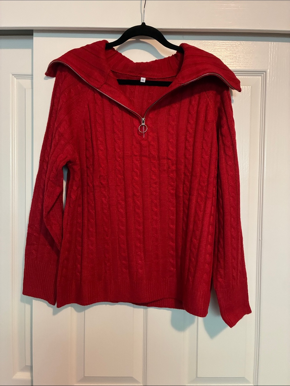 Red Cable-Knit Half-Zip Sweater with Ring Pull